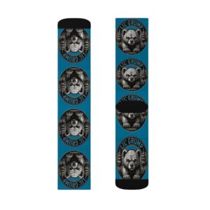 Lil’ Grump Crew Socks in River Blue, both sides laid flat to show the full wrap print