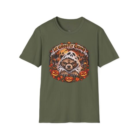 Lil’ Ghostly Grump Tee in Military Green, laid flat