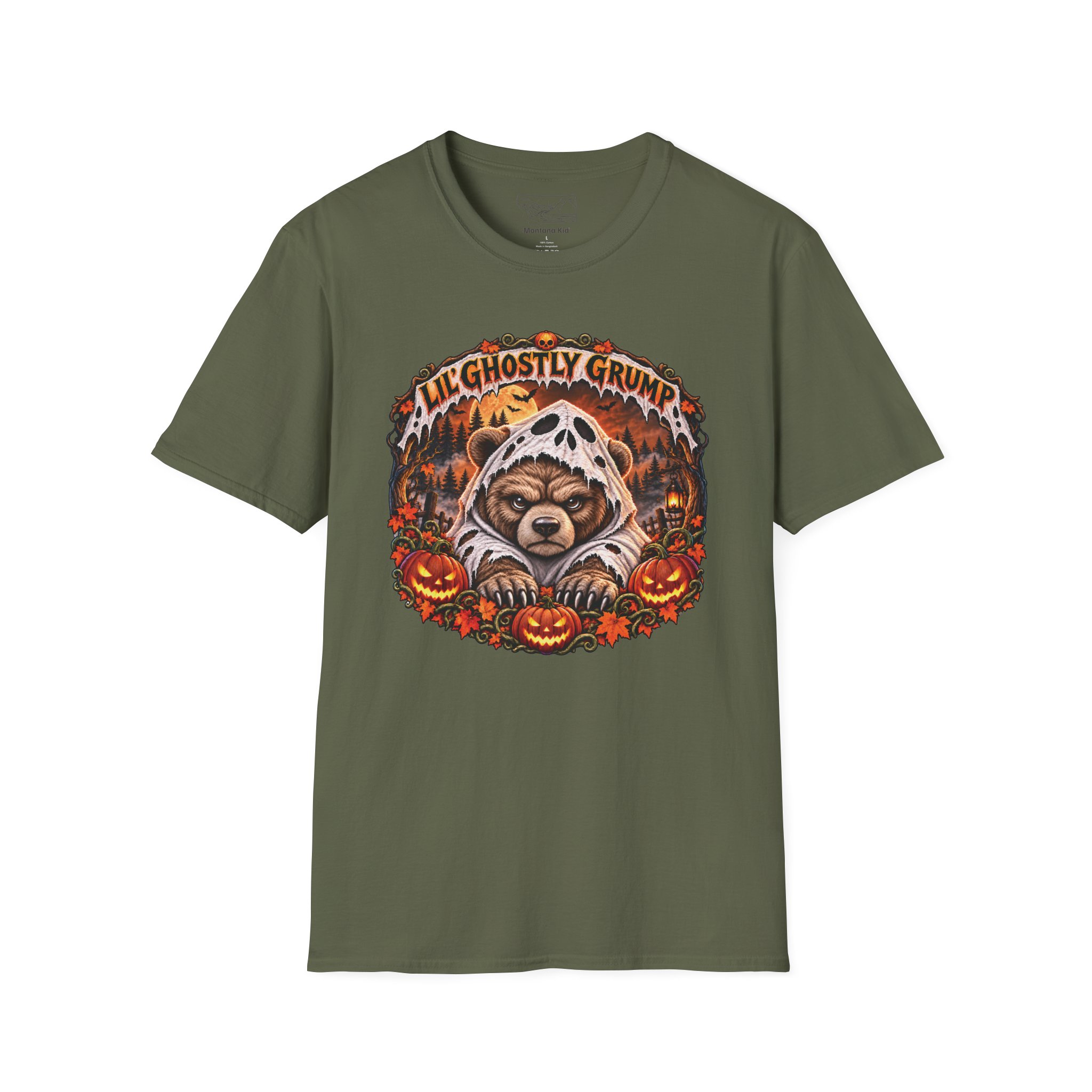Lil’ Ghostly Grump Tee in Military Green, laid flat