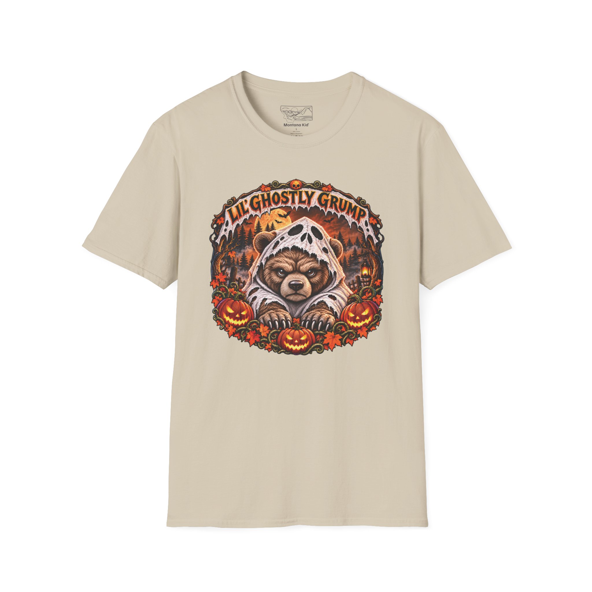 Lil’ Ghostly Grump Tee in Sand, laid flat
