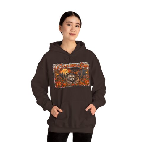 Lil’ Hallows Grump Hoodie in Dark Chocolate, worn, front view