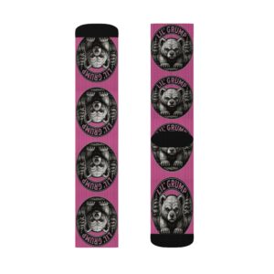 Lil’ Grump Crew Socks in Bitterroot Pink, both sides laid flat to show the full wrap print