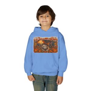 Lil’ Hallows Grump Hoodie in Carolina Blue, worn, front view