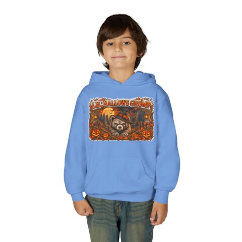 Lil’ Hallows Grump Hoodie in Carolina Blue, worn, front view