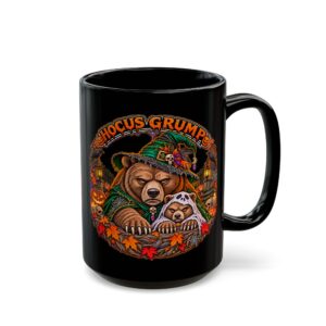 Hocus Grump Mug, 15oz black ceramic, front with the handle on the right