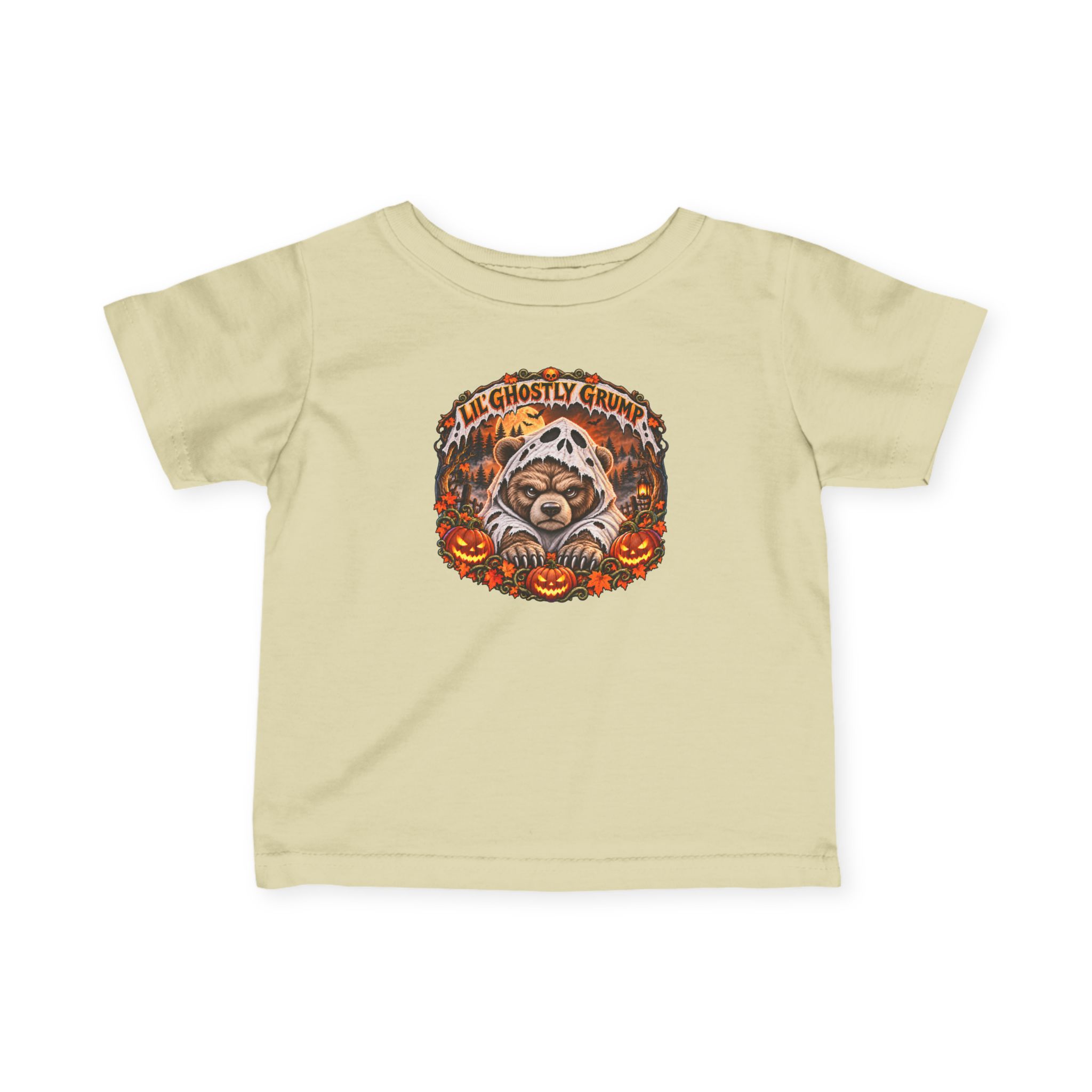 Lil’ Ghostly Grump Tee in Natural, laid flat