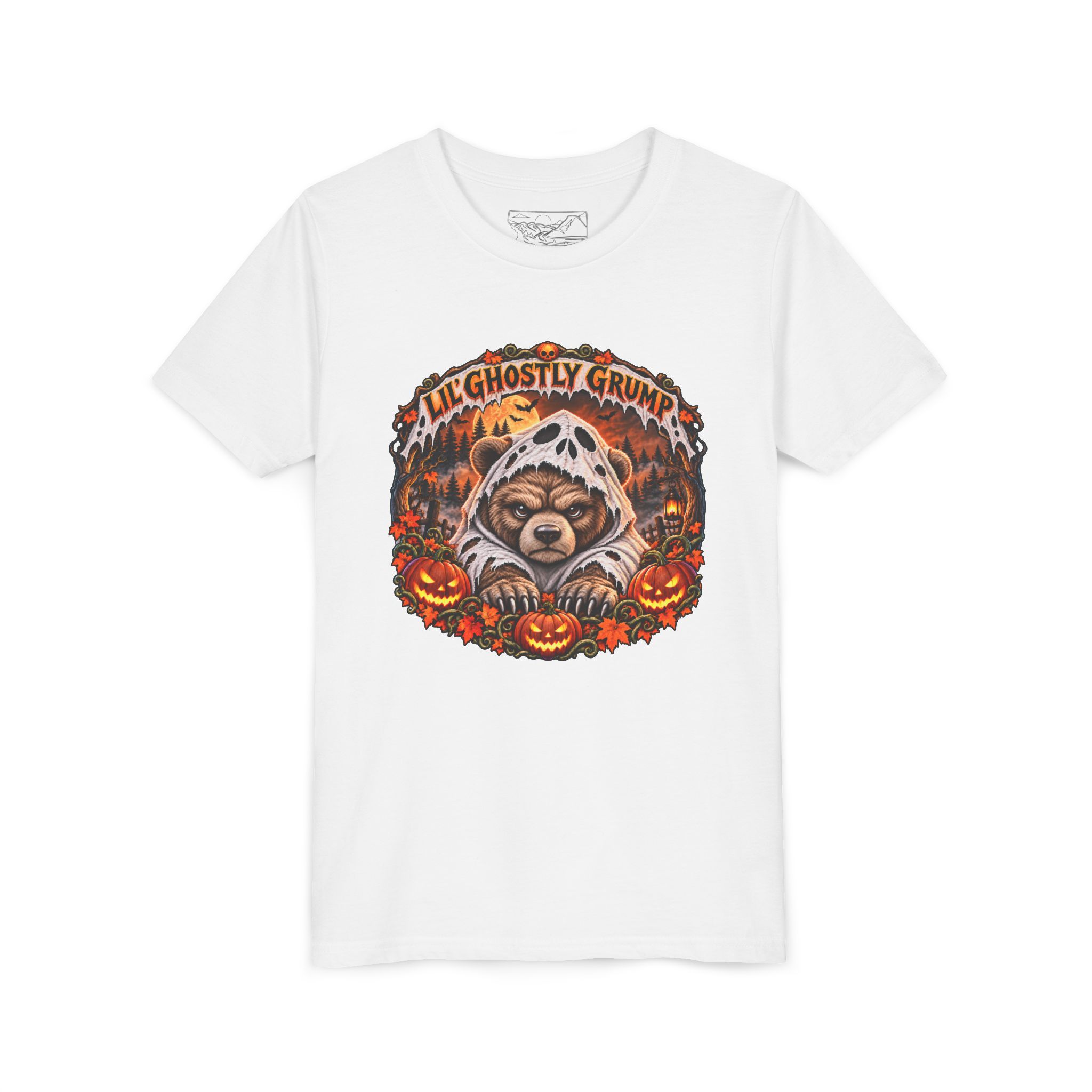 Lil’ Ghostly Grump Tee in White, laid flat