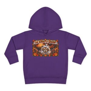 Lil’ Ghostly Grump Hoodie in Purple, laid flat