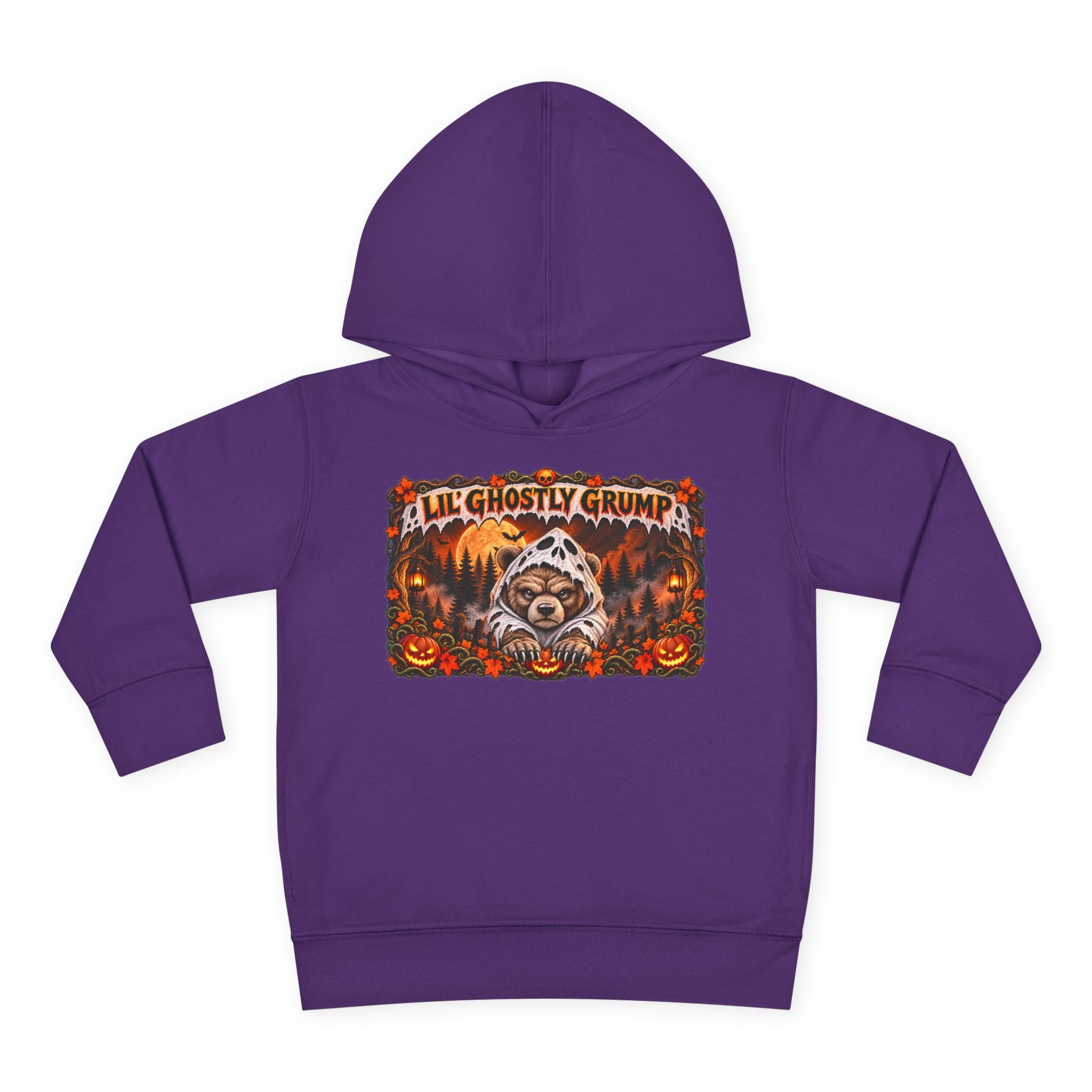 Lil’ Ghostly Grump Hoodie in Purple, laid flat