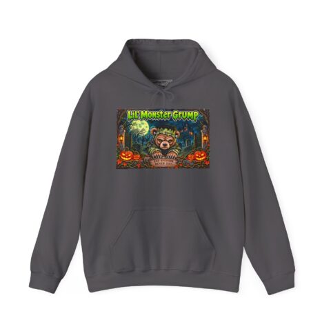 Lil’ Monster Grump Hoodie in Charcoal, laid flat