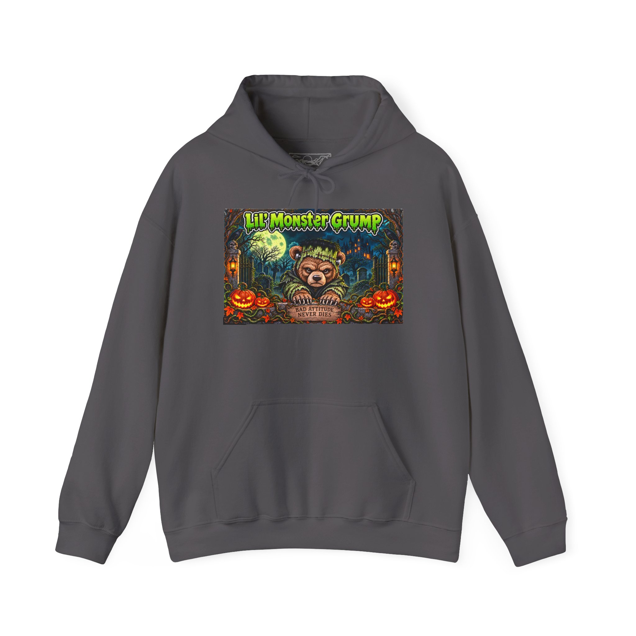 Lil’ Monster Grump Hoodie in Charcoal, laid flat