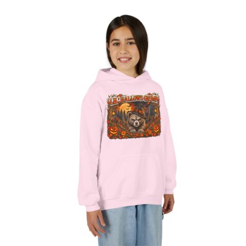 Lil’ Hallows Grump Hoodie in Light Pink, worn, front view