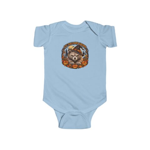 Lil’ Hallows Grump Bodysuit in Light Blue, laid flat