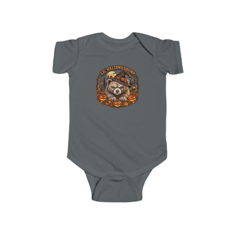 Lil’ Hallows Grump Bodysuit in Charcoal, laid flat