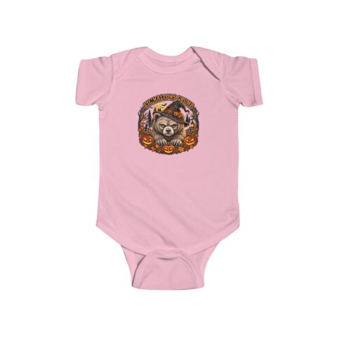 Lil’ Hallows Grump Bodysuit in Pink, laid flat