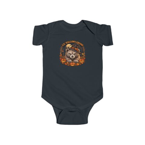 Lil’ Hallows Grump Bodysuit in Black, laid flat