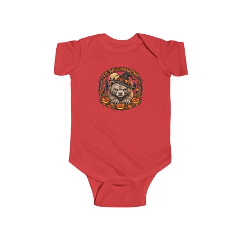 Lil’ Hallows Grump Bodysuit in Red, laid flat