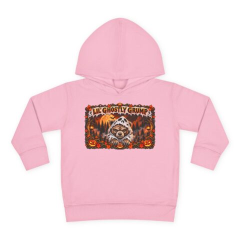 Lil’ Ghostly Grump Hoodie in Pink, laid flat
