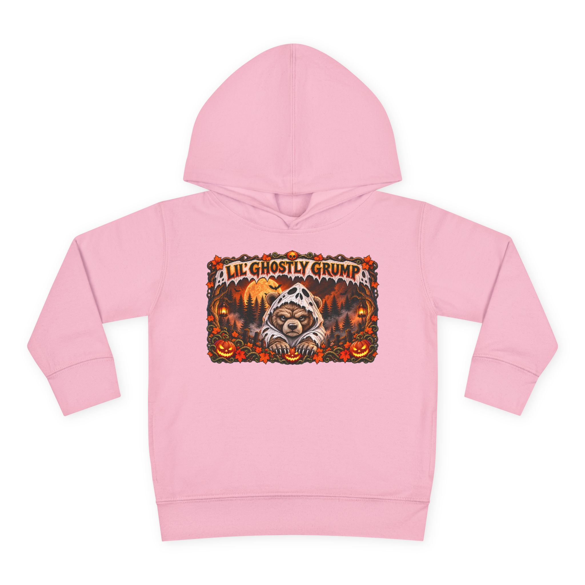 Lil’ Ghostly Grump Hoodie in Pink, laid flat
