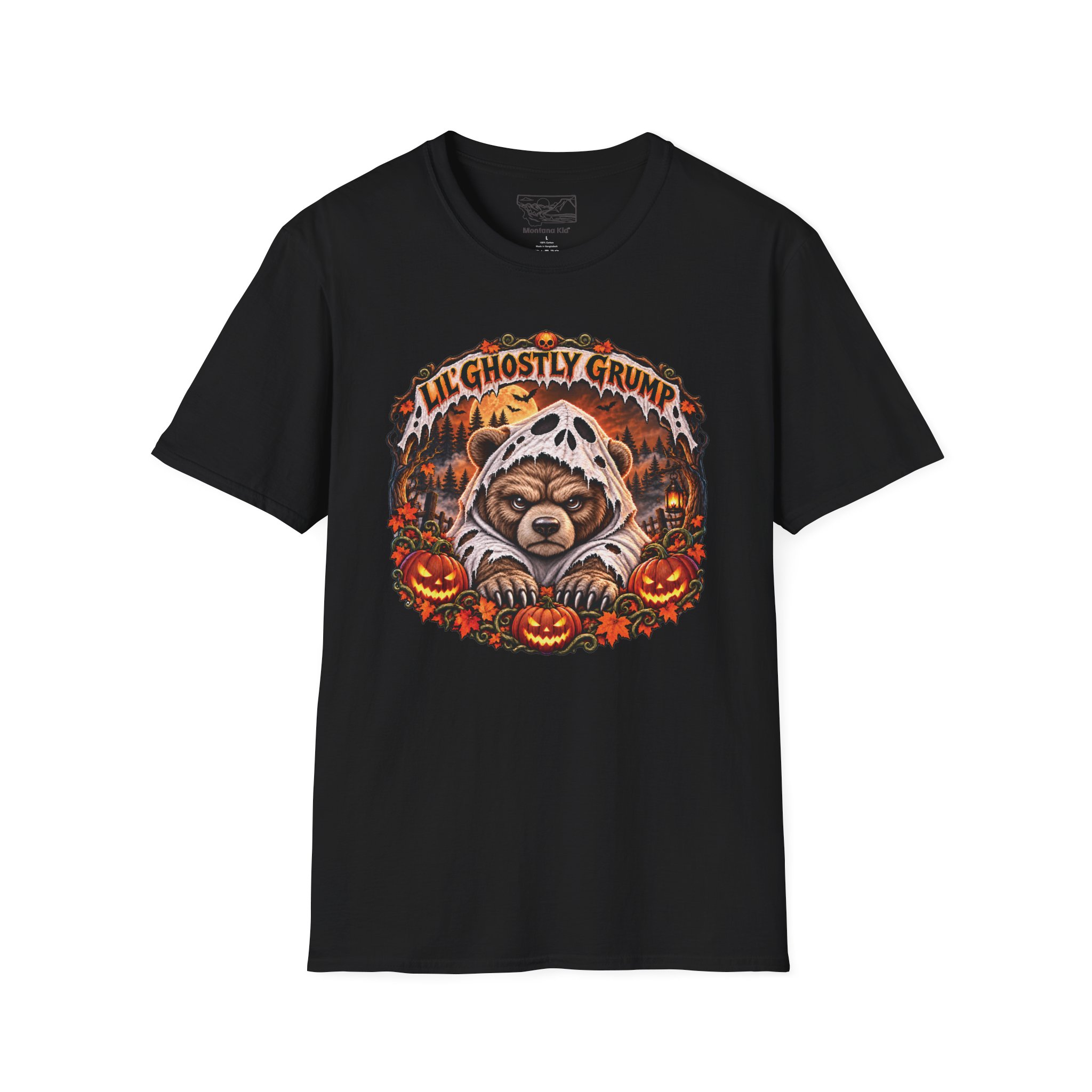 Lil’ Ghostly Grump Tee in Black, laid flat