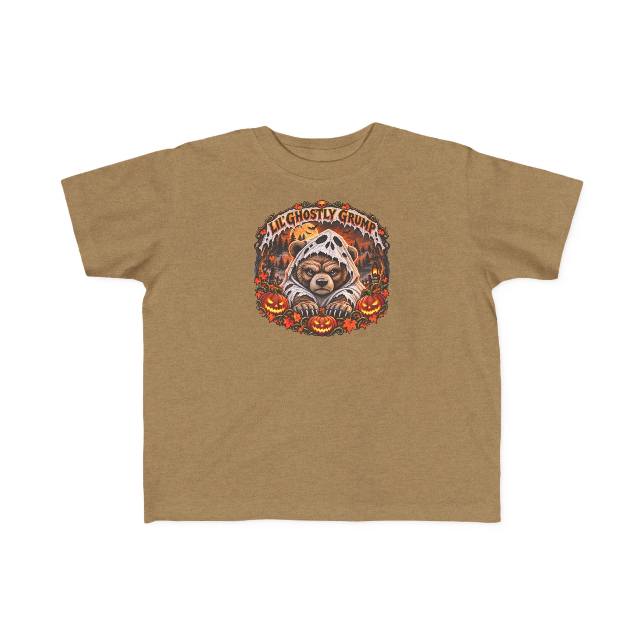 Lil’ Ghostly Grump Tee in Vintage Coyote Brown, laid flat