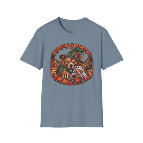 Hocus Grump Tee in Stone Blue, laid flat