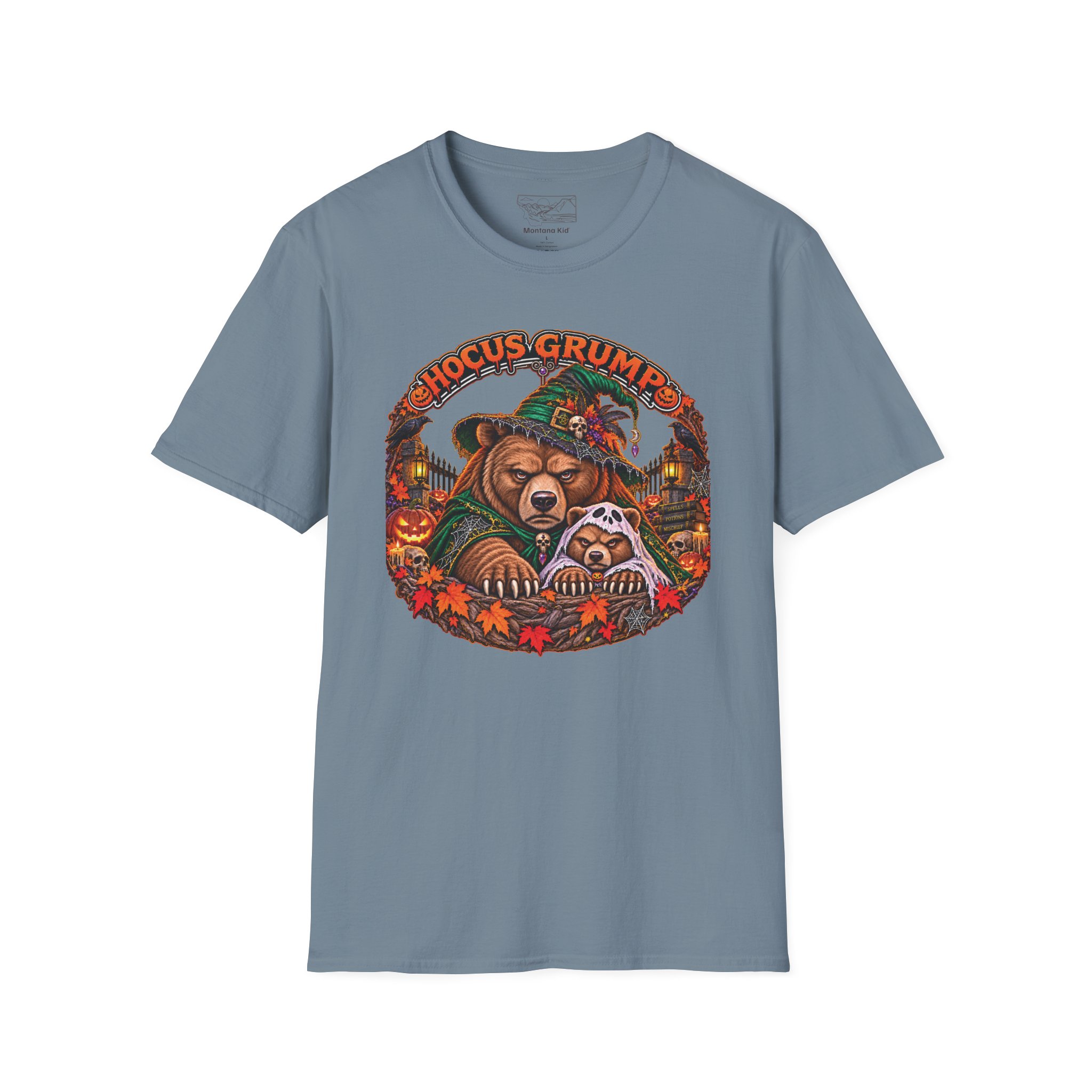 Hocus Grump Tee in Stone Blue, laid flat