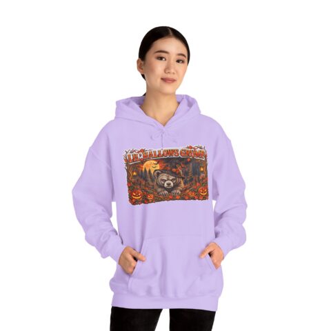 Lil’ Hallows Grump Hoodie in Orchid, worn, front view, second model