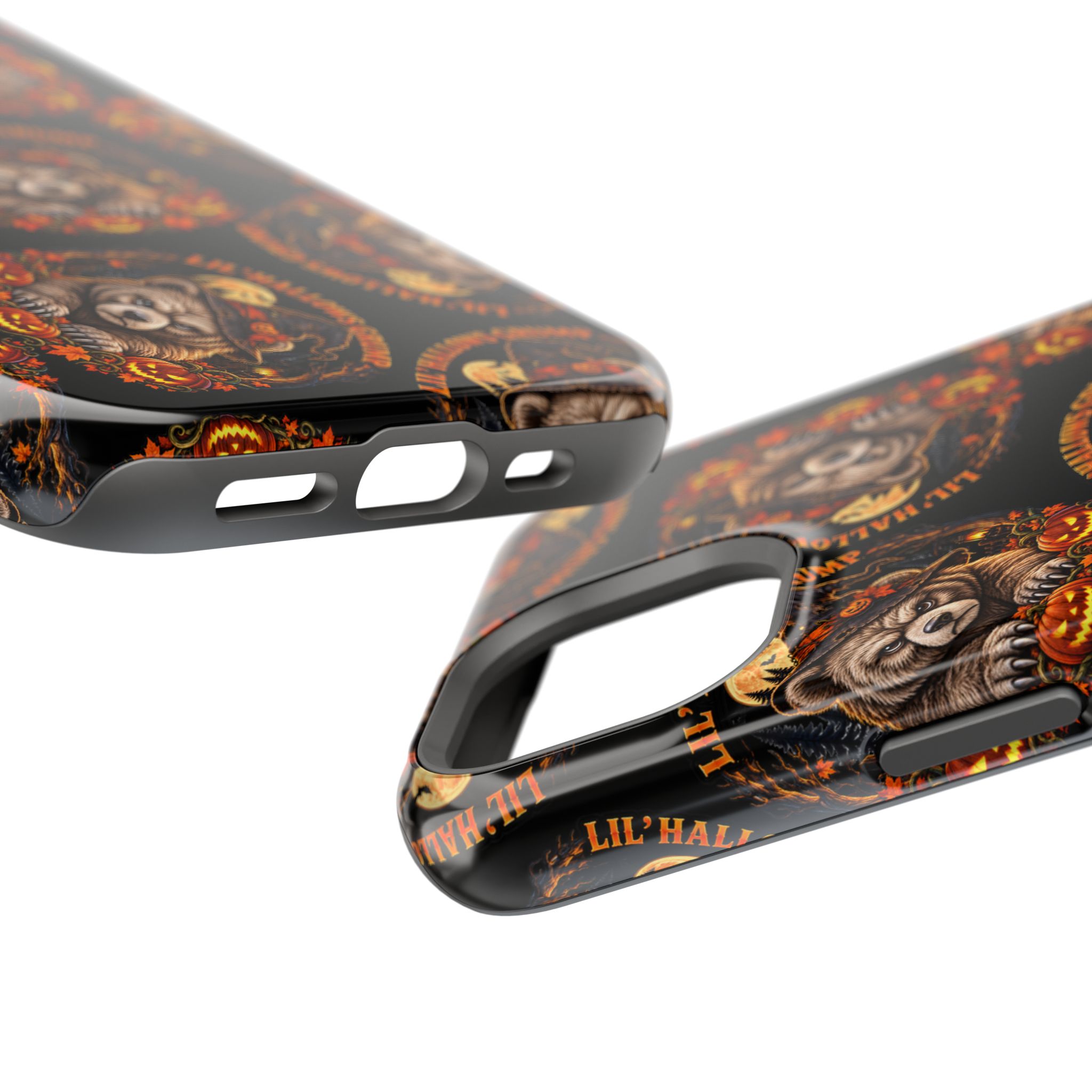 Lil' Hallows Grump Mag Phone Case, close-up of the raised edges and button cutouts