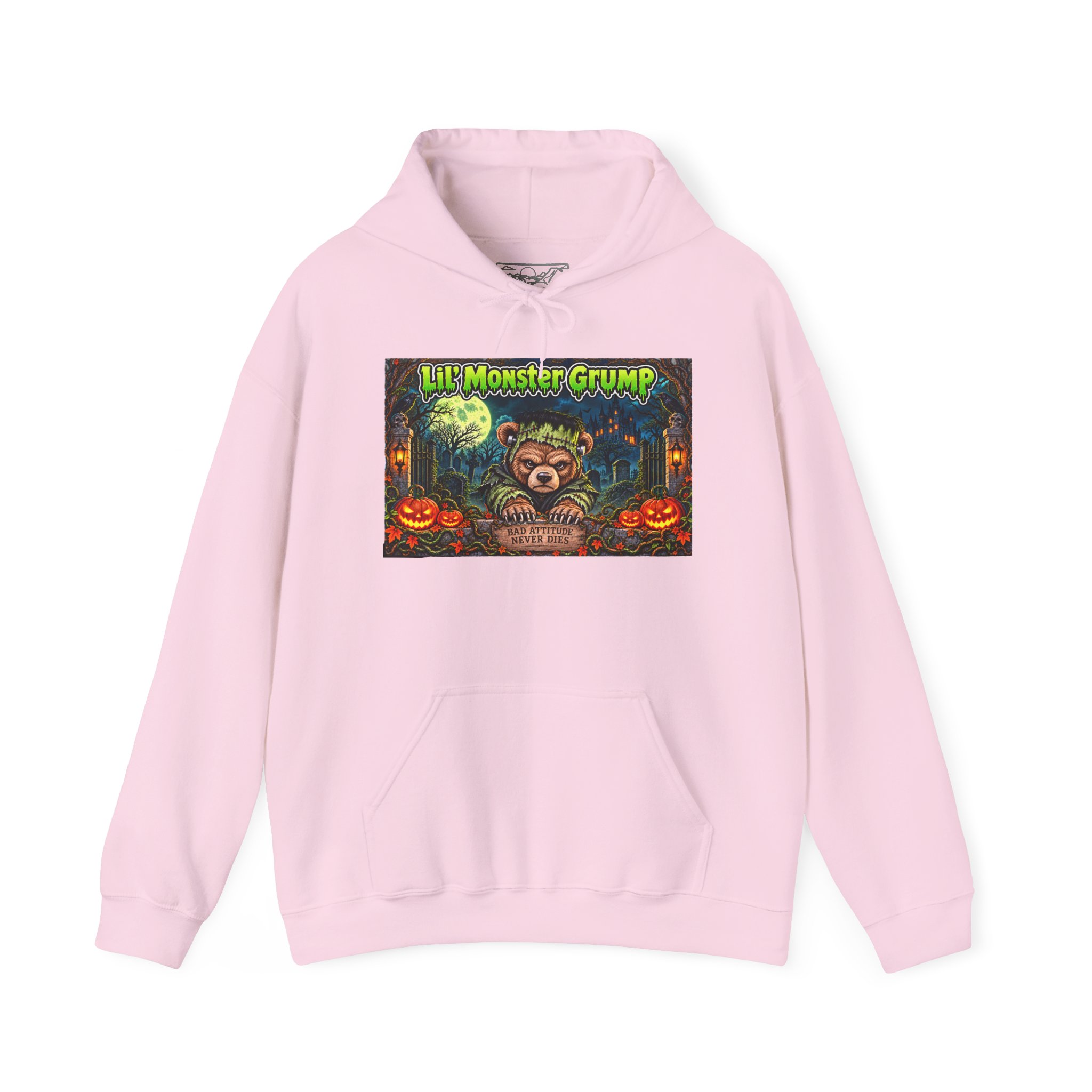 Lil’ Monster Grump Hoodie in Light Pink, laid flat