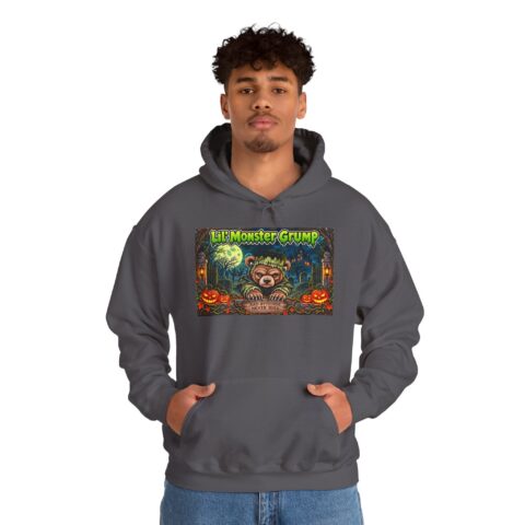 Lil’ Monster Grump Hoodie in Charcoal, worn, front view