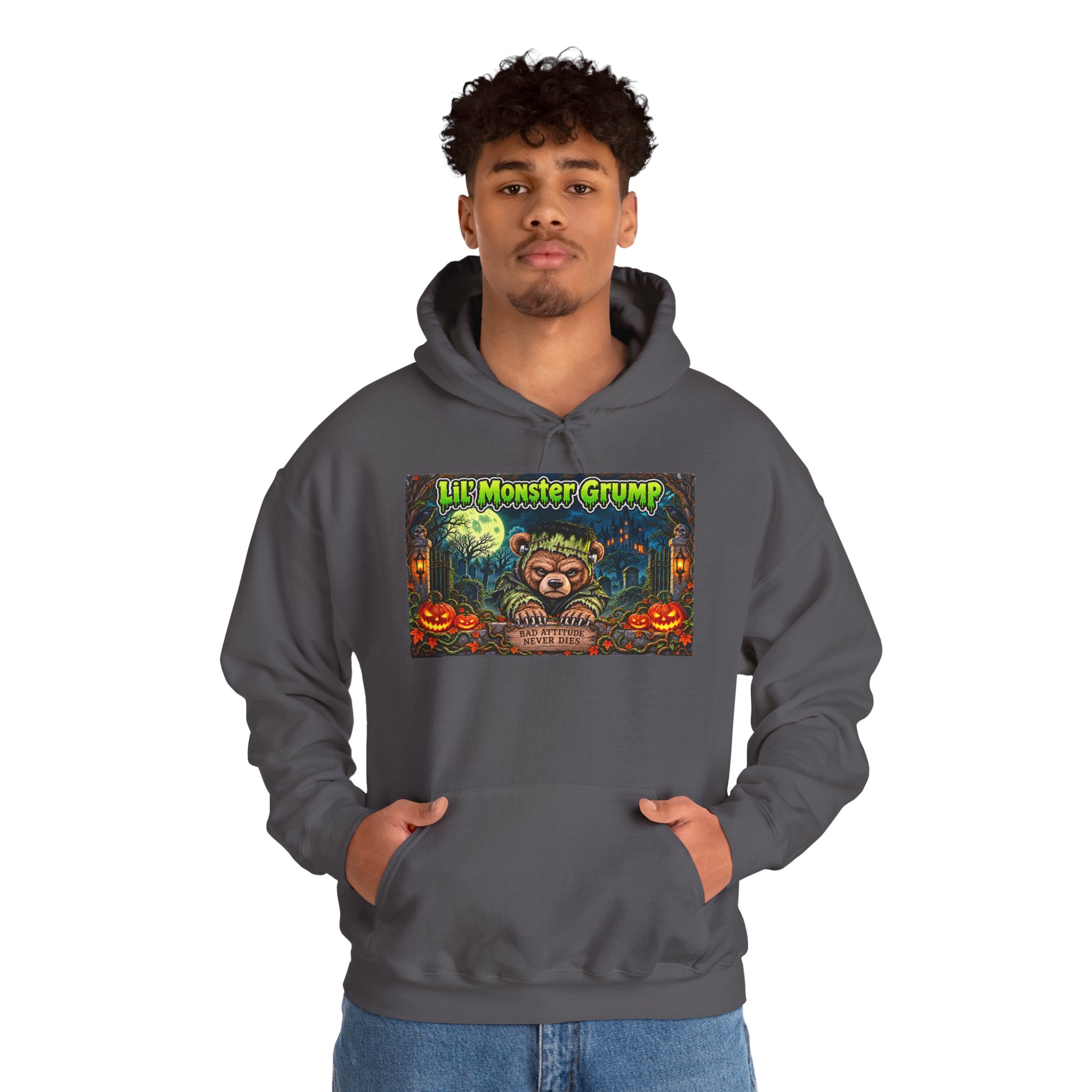 Lil’ Monster Grump Hoodie in Charcoal, worn, front view