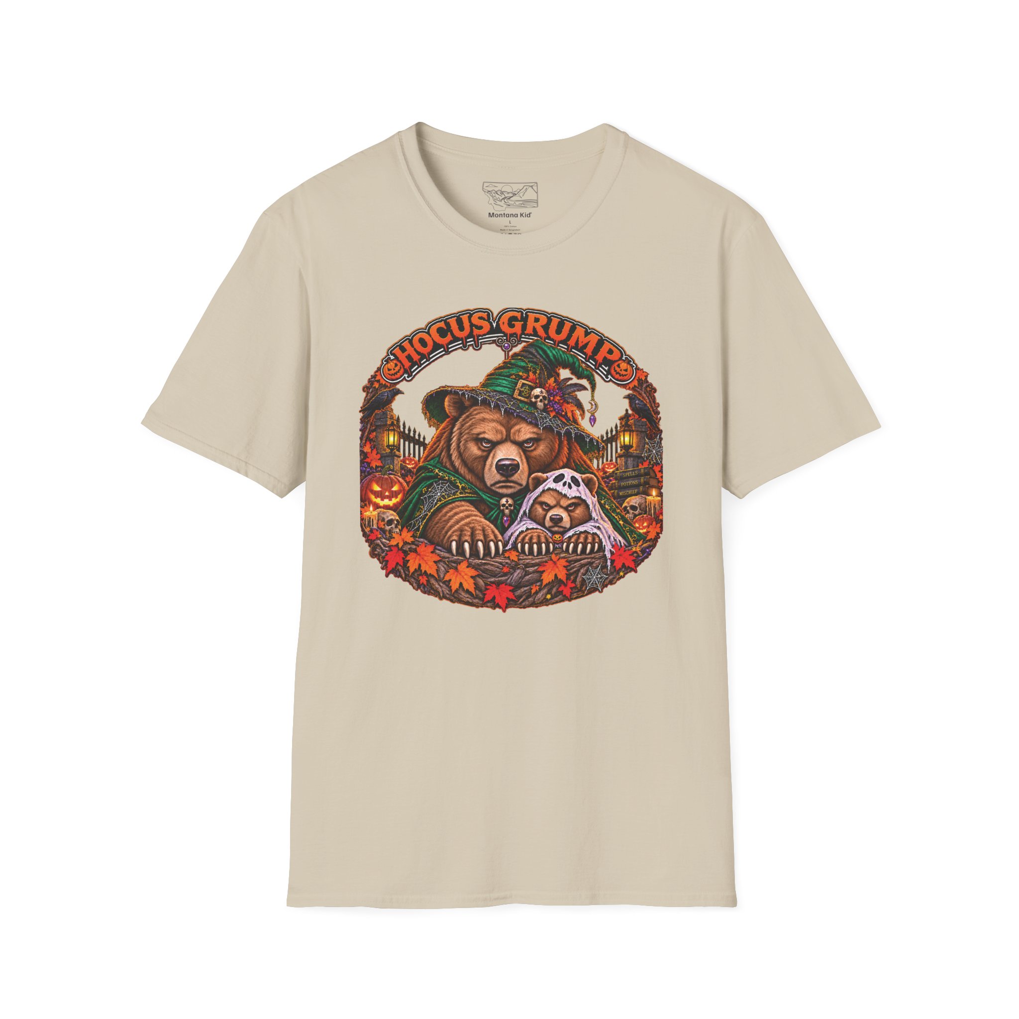 Hocus Grump Tee in Sand, laid flat