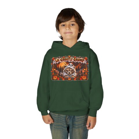 Lil’ Ghostly Grump Hoodie in Forest Green, worn, front view
