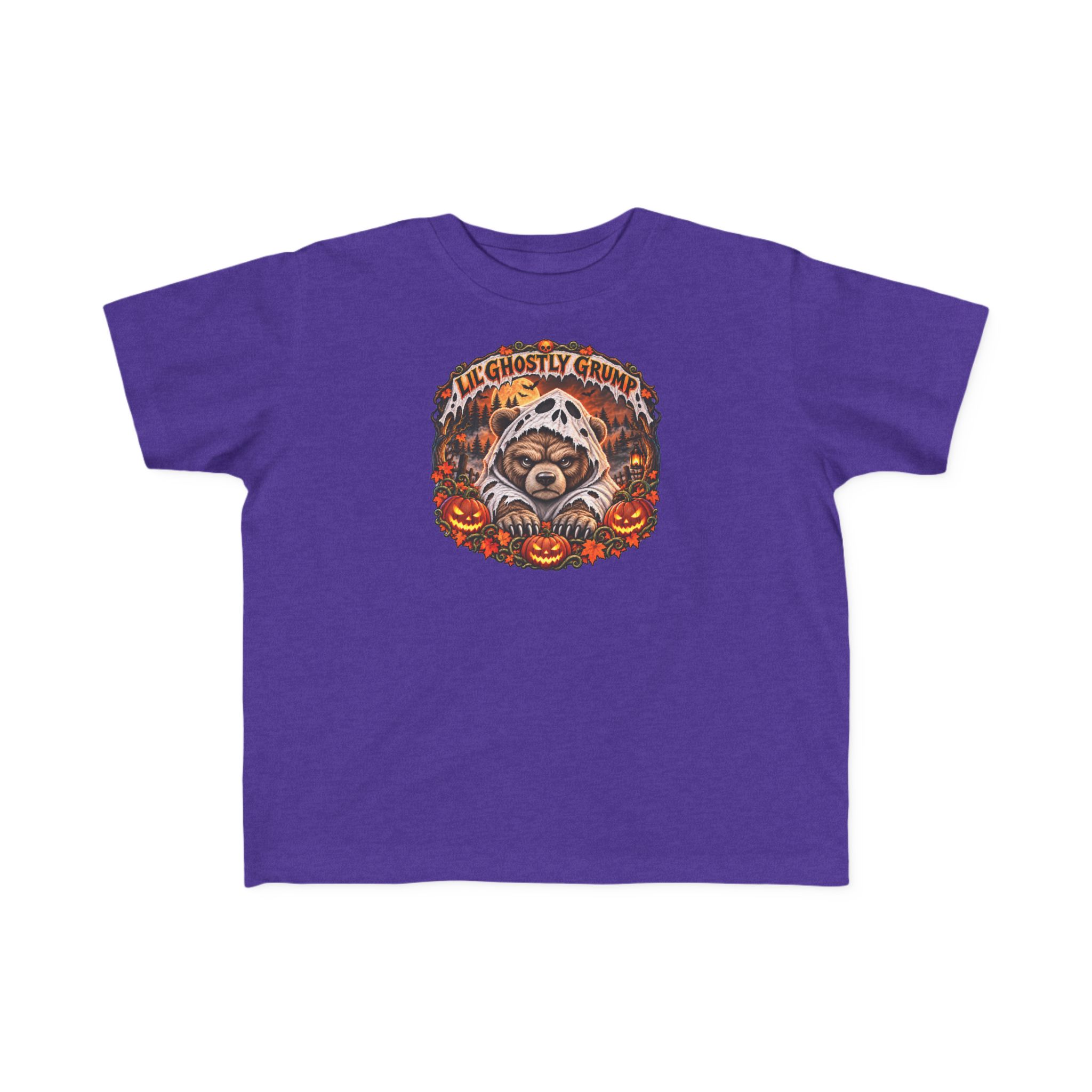 Lil’ Ghostly Grump Tee in Purple, laid flat