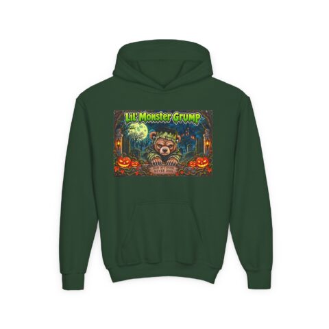 Lil’ Monster Grump Hoodie in Forest Green, laid flat
