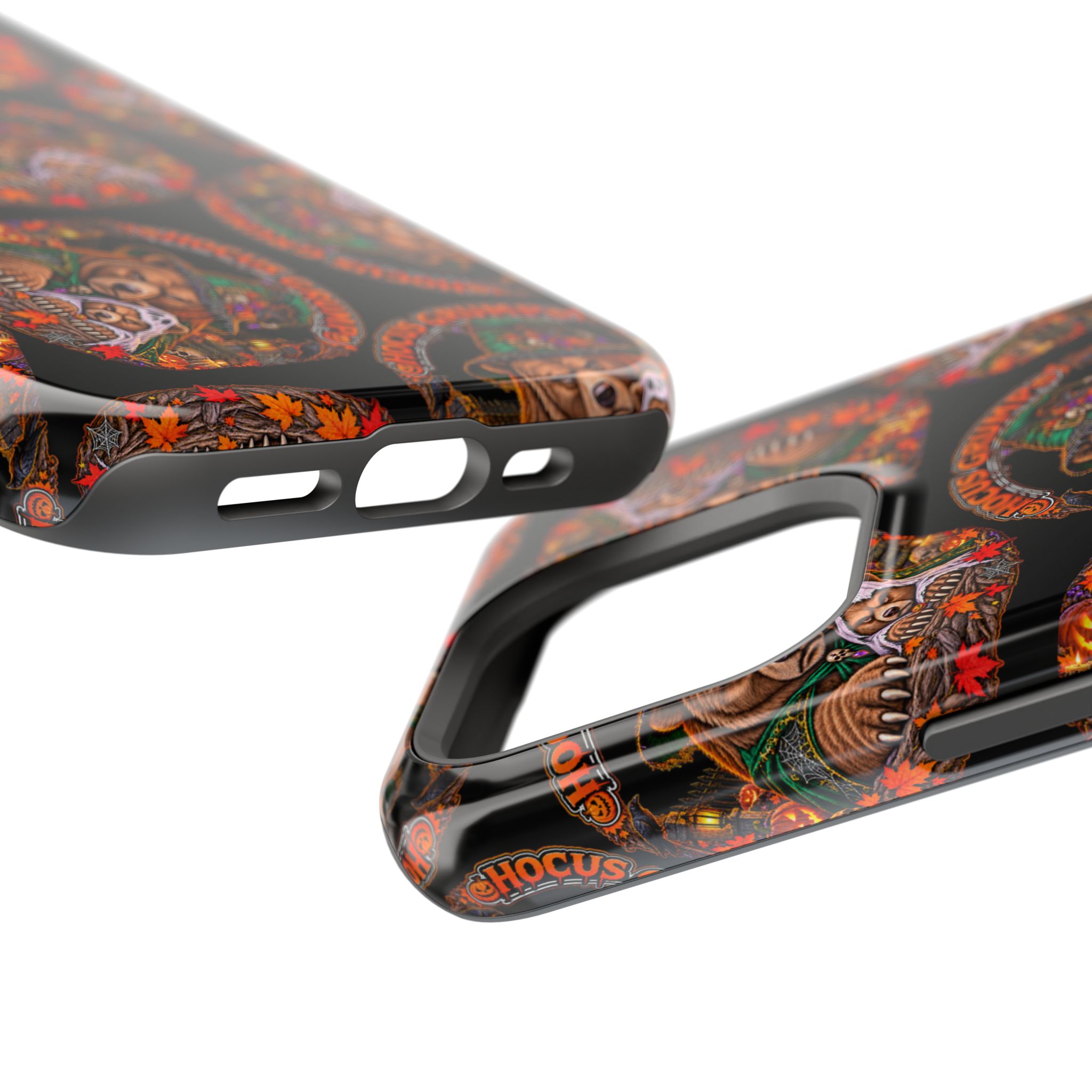Hocus Grump Mag Phone Case, close-up of the raised edges and button cutouts