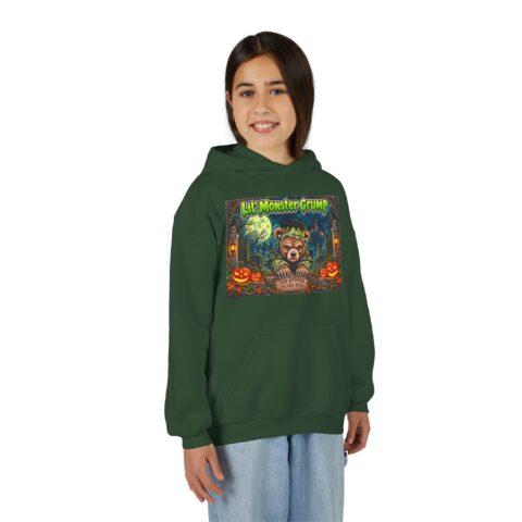 Lil’ Monster Grump Hoodie in Forest Green, worn, front view