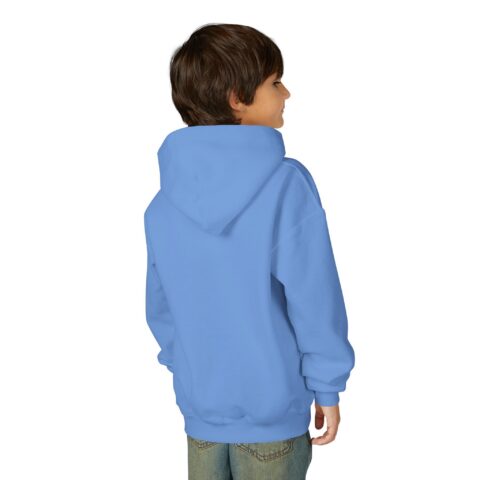 Lil’ Ghostly Grump Hoodie in Carolina Blue, worn, back view