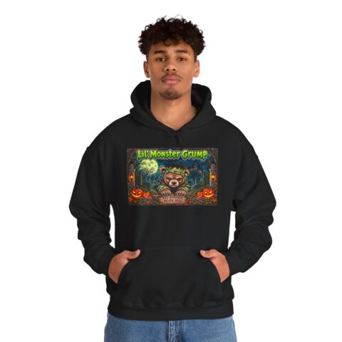 Lil’ Monster Grump Hoodie in Black, worn, front view