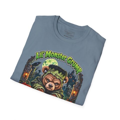 Lil' Monster Grump Tee in Stone Blue, folded close-up