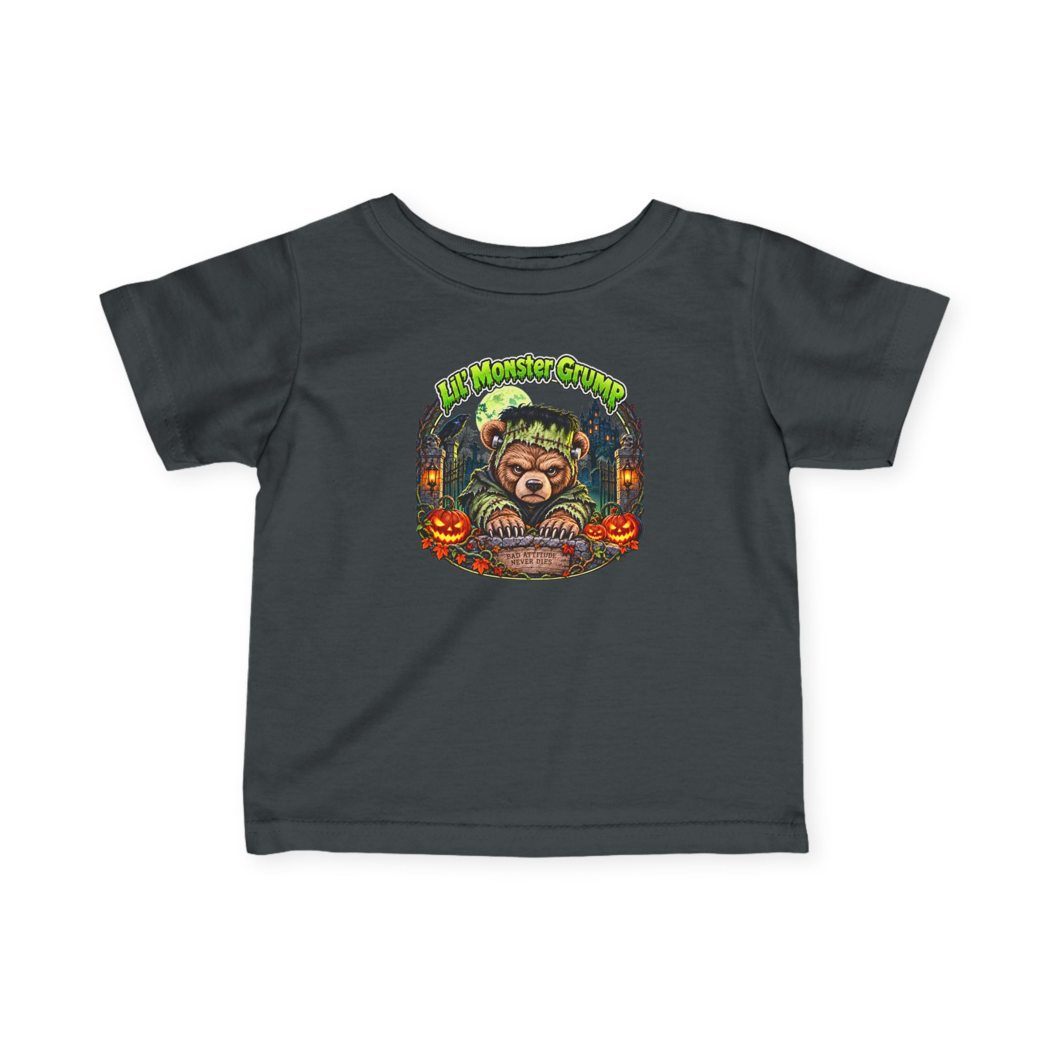 Lil' Monster Grump Tee in Charcoal, laid flat