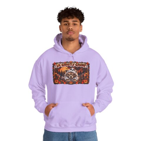 Lil’ Ghostly Grump Hoodie in Orchid, worn, front view