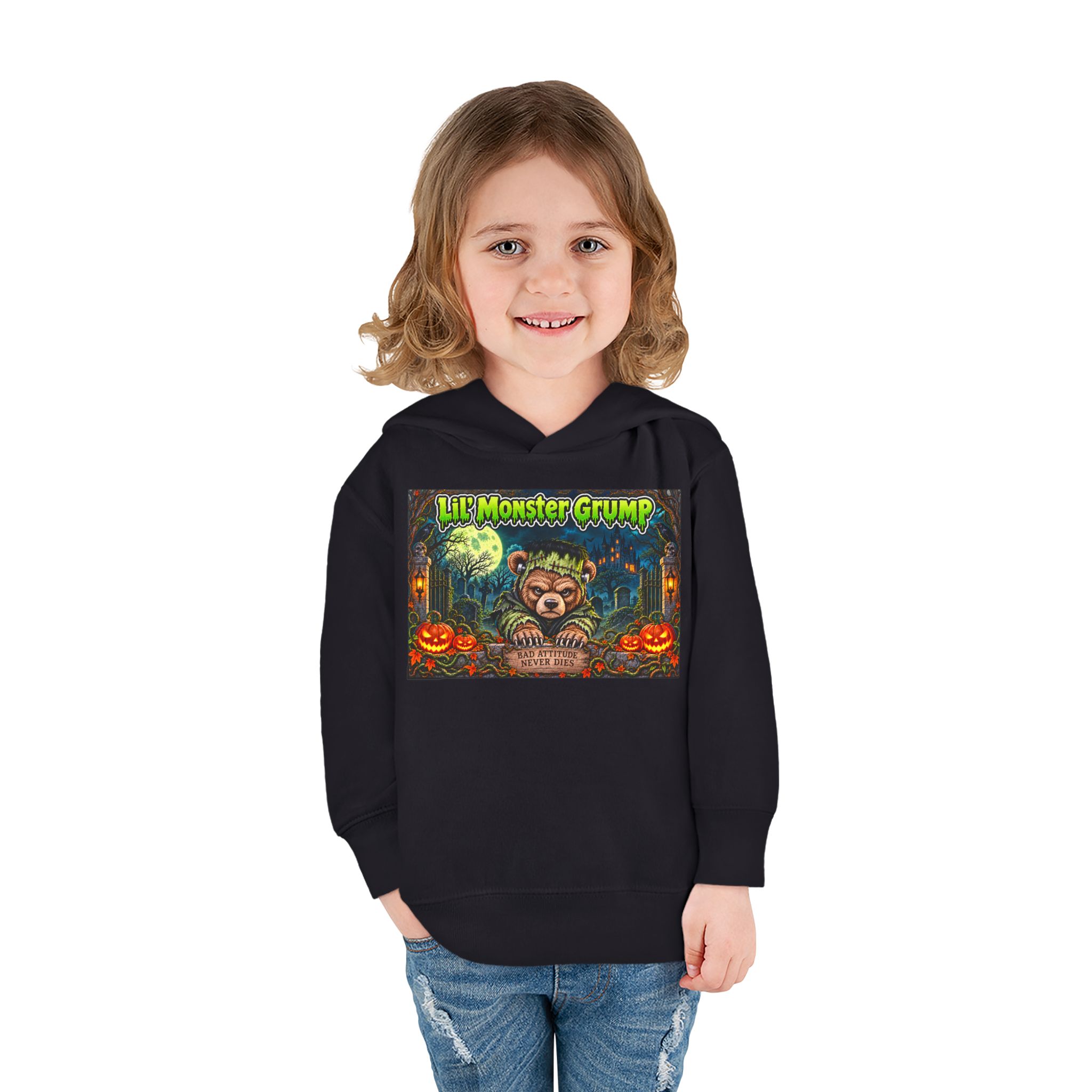 Lil’ Monster Grump Hoodie in Black, worn, front view, second model