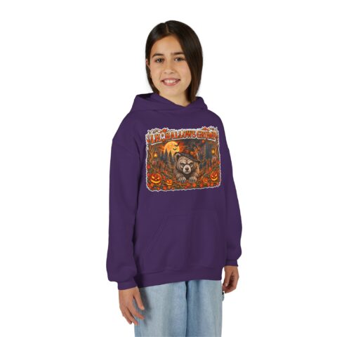 Lil’ Hallows Grump Hoodie in Purple, worn, front view