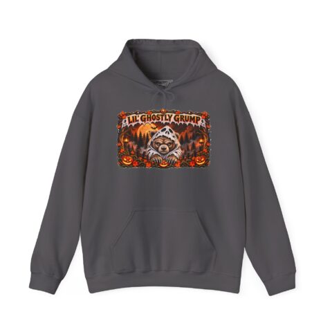 Lil’ Ghostly Grump Hoodie in Charcoal, laid flat