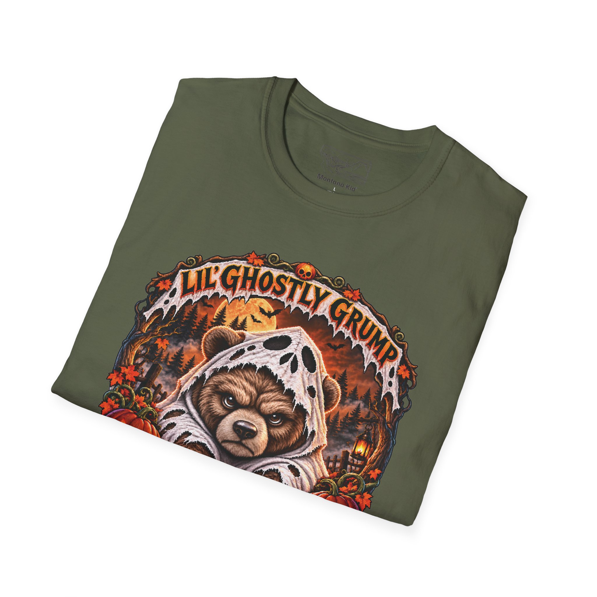 Lil’ Ghostly Grump Tee in Military Green, folded close-up