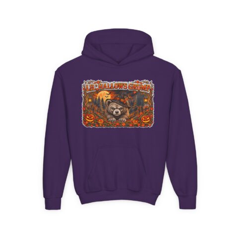 Lil’ Hallows Grump Hoodie in Purple, laid flat