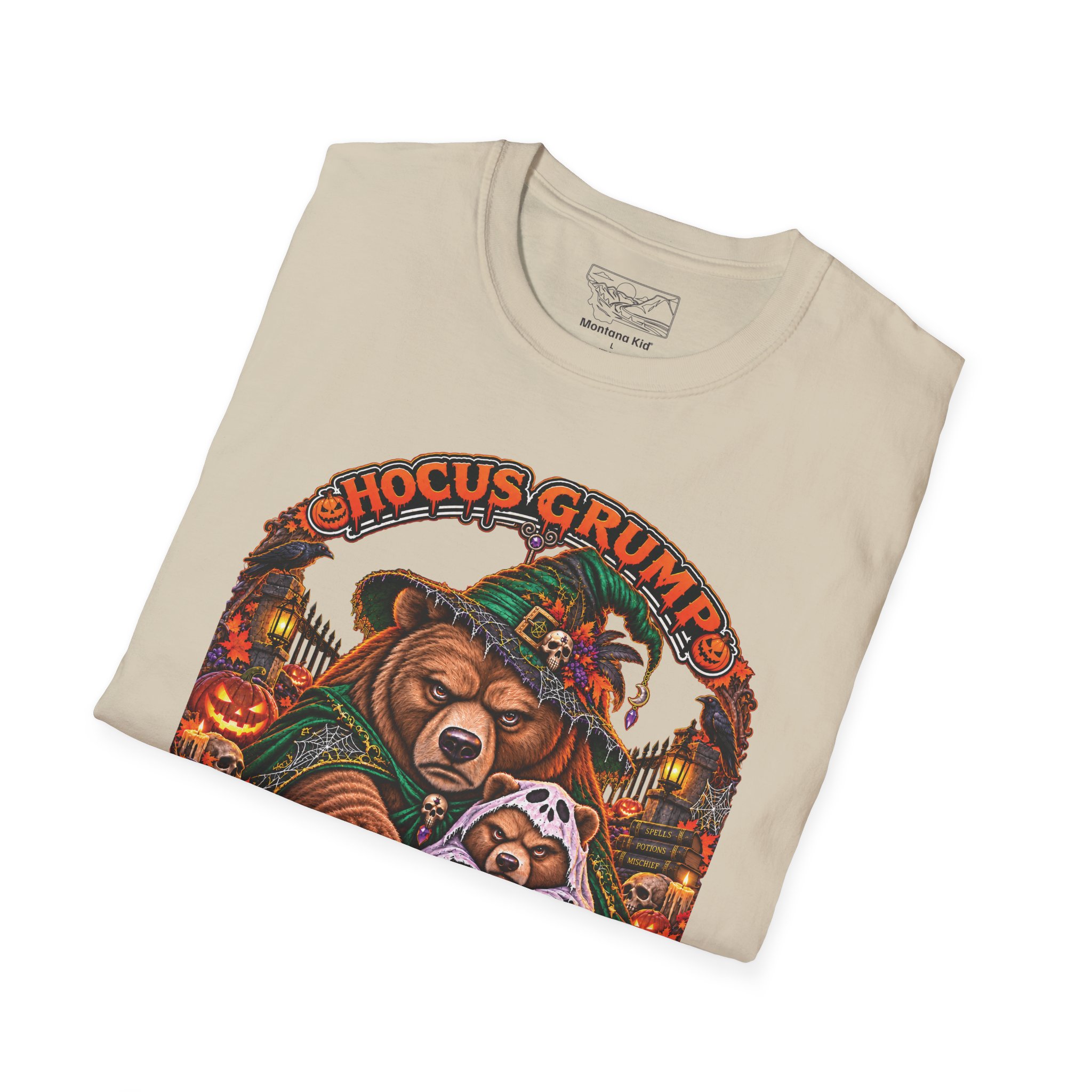 Hocus Grump Tee in Sand, folded close-up