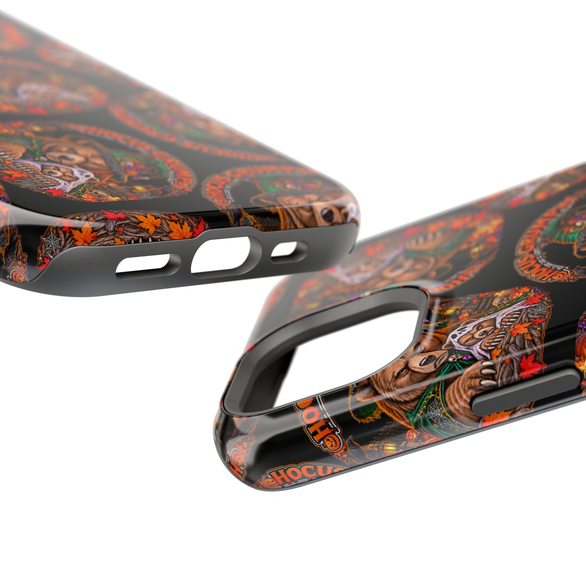Hocus Grump Mag Phone Case, close-up of the raised edges and button cutouts